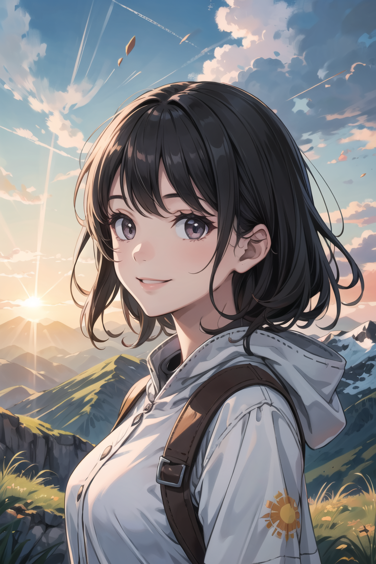 389160-942910508-best quality,masterpiece,Dark hair,dark eyes,upper body,sun flare,outdoors,mountain,valley,sky. clouds,smiling,_lora_more_detail.png